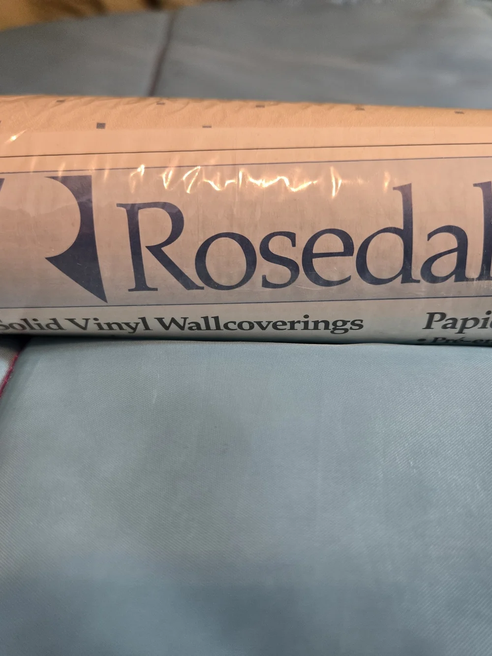 Vtg Rosedale Solid Vinyl Wall Coverings White With Blue Polka Dots Pattern New